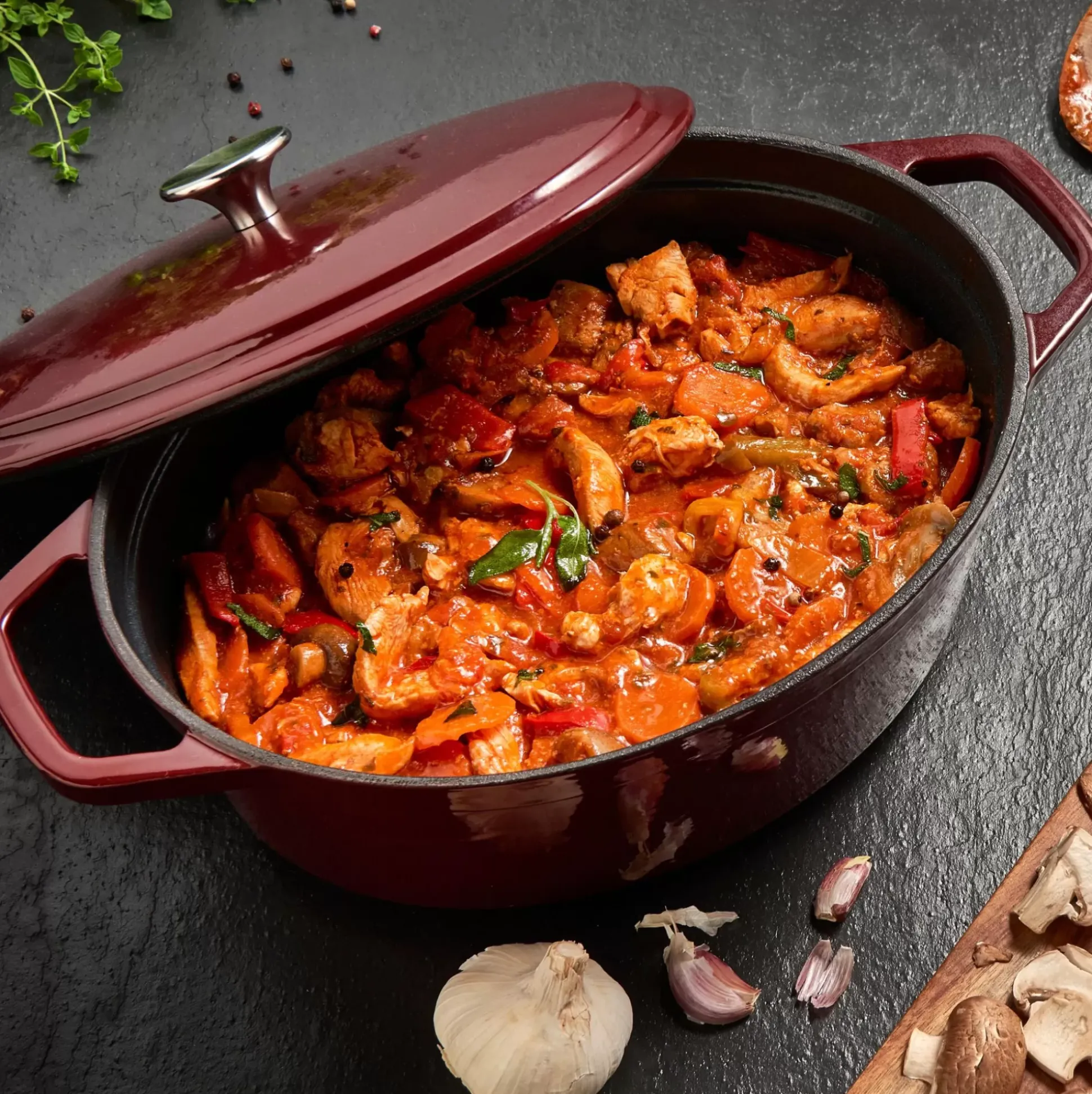 Stew Olla Hierro Fundido Ovalado Rojo Oscuro